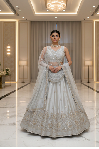 Grey Satin Silk Sequin Embroidered Lehenga Choli set with choli and dupatta