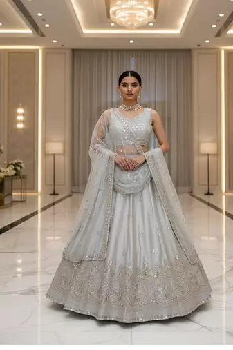 Grey Satin Silk Sequin Embroidered Lehenga Choli set with choli and dupatta