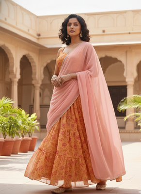 mustard yellow organza printed lehenga set with dupatta 2