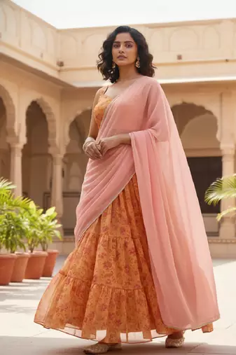mustard yellow organza printed lehenga set with dupatta