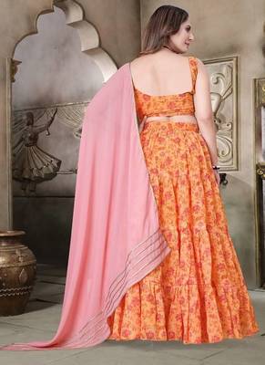 mustard yellow organza printed lehenga set with dupatta 3