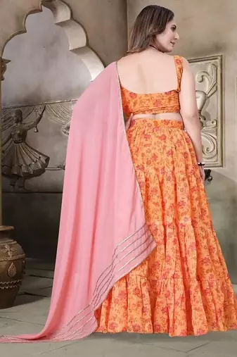 mustard yellow organza printed lehenga set with dupatta