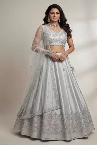 Grey Satin Silk Sequin Embroidered Lehenga Choli set with choli and dupatta