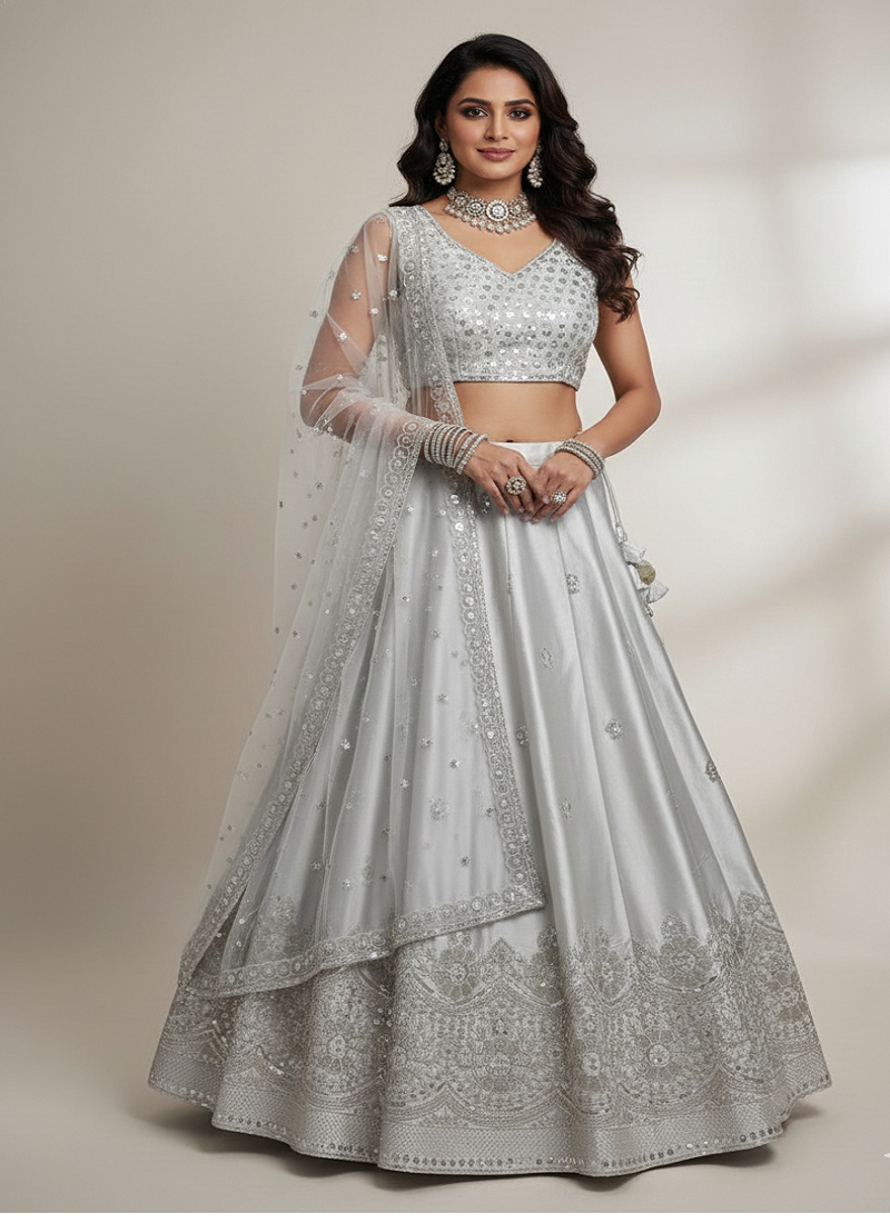 Grey Satin Silk Sequin Embroidered Lehenga Choli set with choli and dupatta