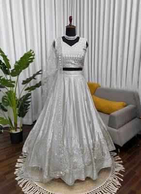 Grey Satin Silk Sequin Embroidered Lehenga Choli set with choli and dupatta 3