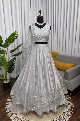 Grey Satin Silk Sequin Embroidered Lehenga Choli set with choli and dupatta