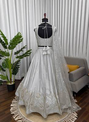 Grey Satin Silk Sequin Embroidered Lehenga Choli set with choli and dupatta 4