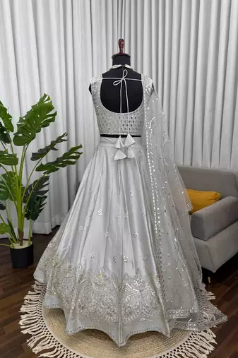 Grey Satin Silk Sequin Embroidered Lehenga Choli set with choli and dupatta