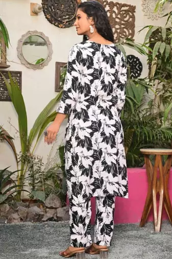 white cotton kurta set with floral printed design