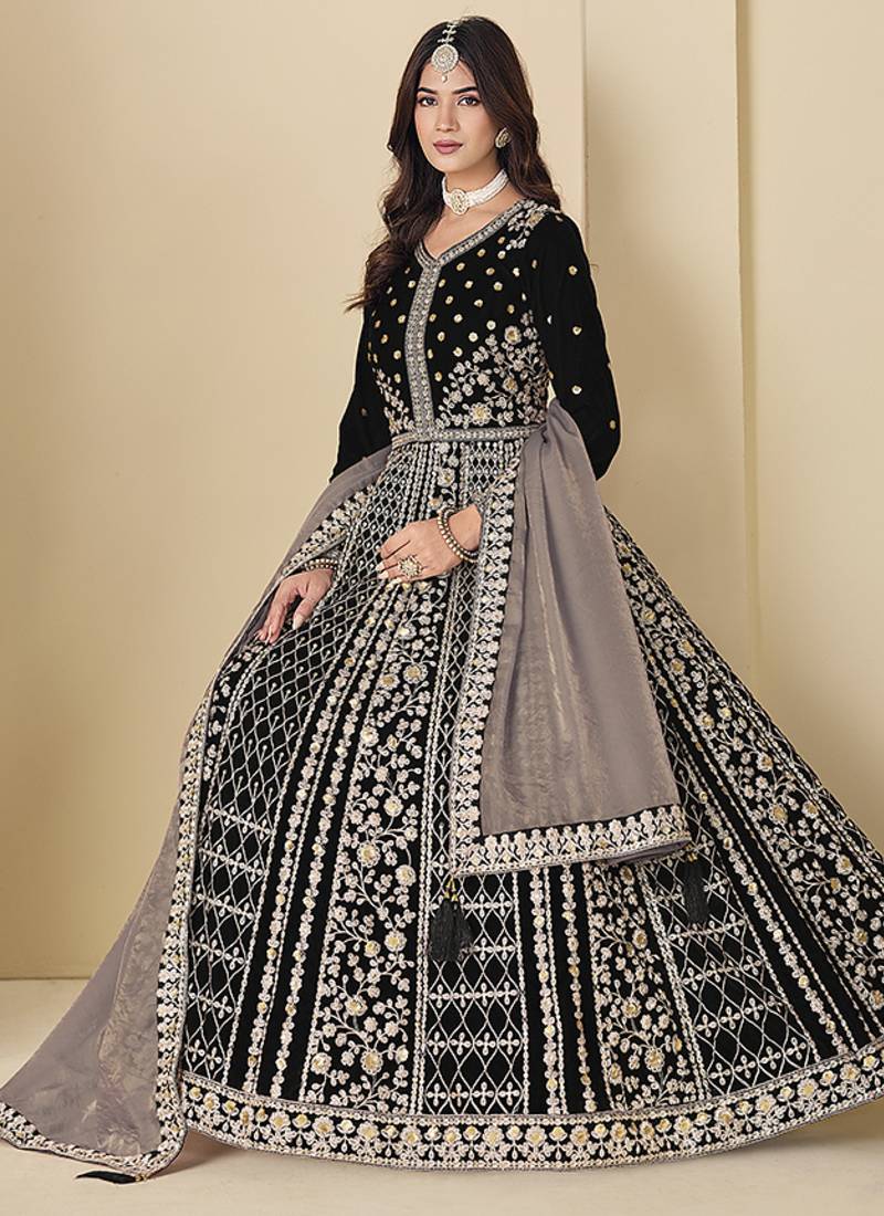 black velvet salwar kameez with embroidered work