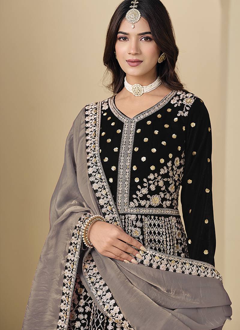 black velvet salwar kameez with embroidered work