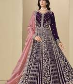 purple velvet salwar kameez with embroidered work