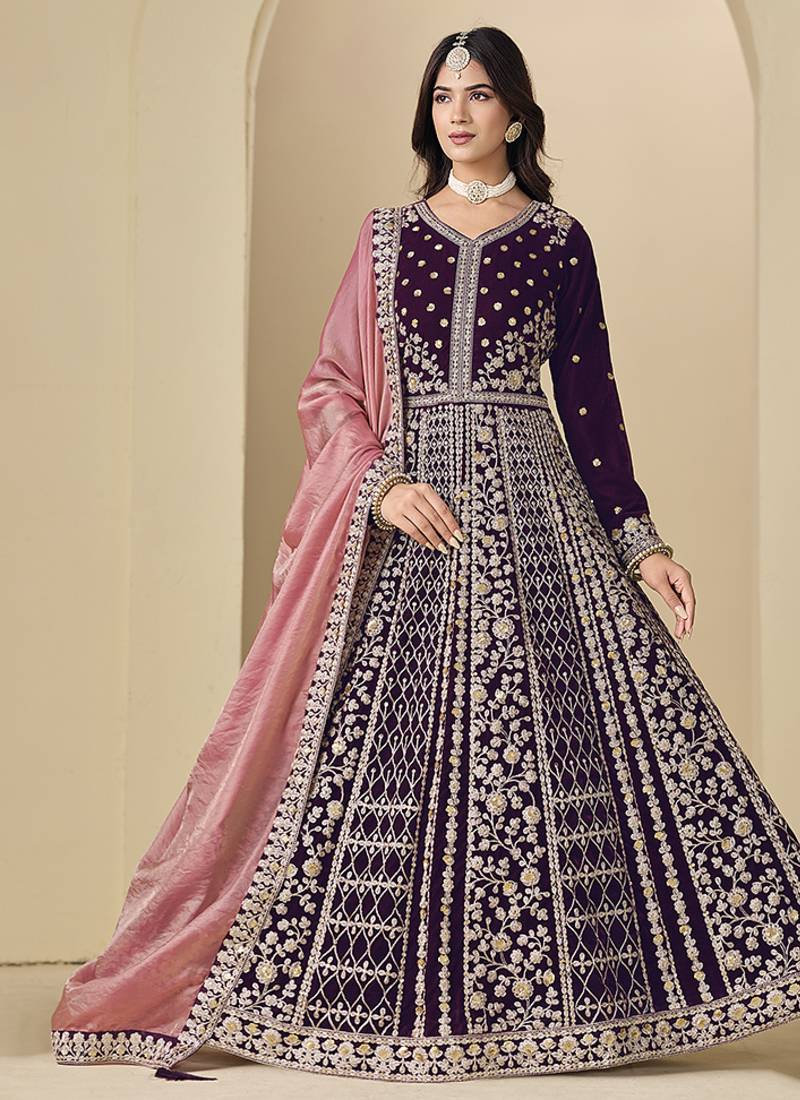 purple velvet salwar kameez with embroidered work