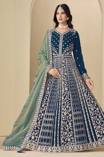 teal blue velvet salwar kameez with embroidered work