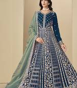 teal blue velvet salwar kameez with embroidered work