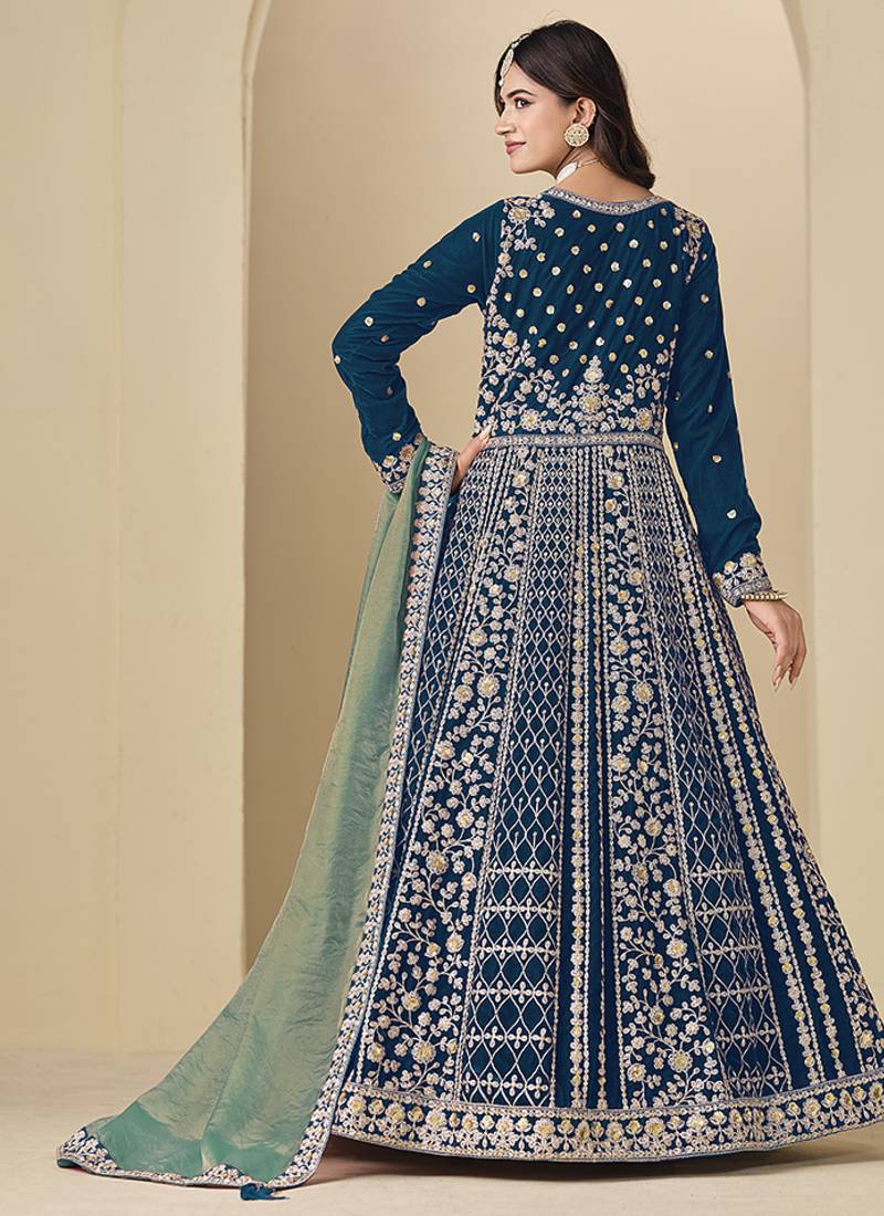 teal blue velvet salwar kameez with embroidered work