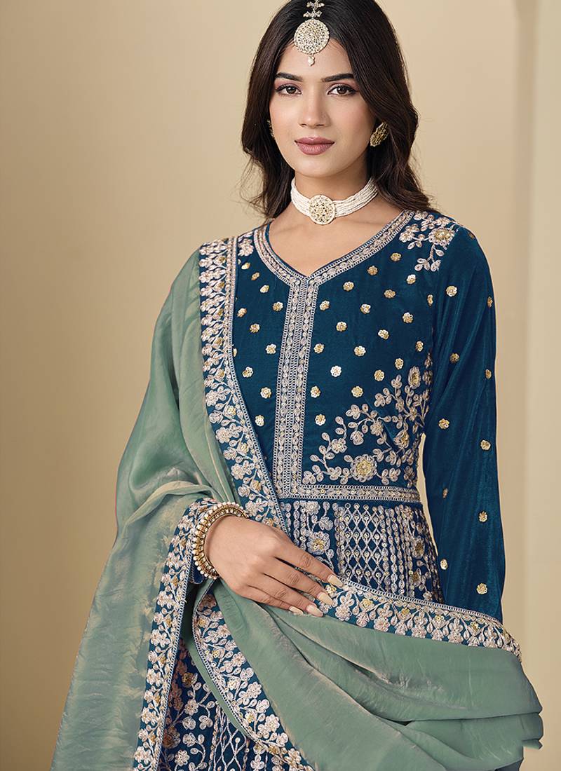teal blue velvet salwar kameez with embroidered work