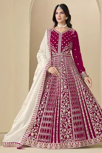 rani pink velvet salwar kameez with embroidered work