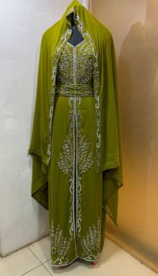 Lime green - takchita gold and silver stone work kaftan 1