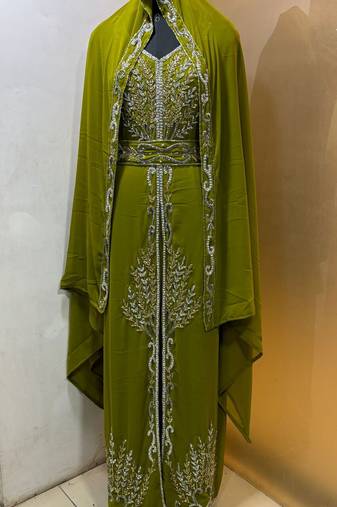 Lime green - takchita gold and silver stone work kaftan