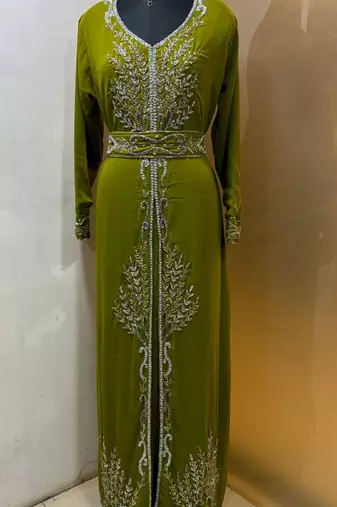 Lime green - takchita gold and silver stone work kaftan