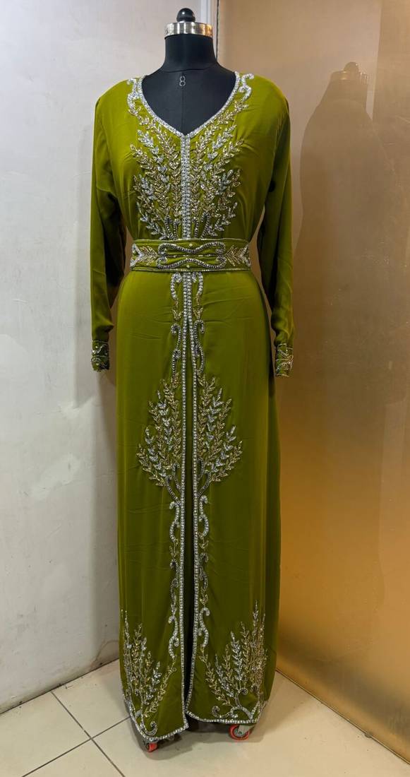 Lime green - takchita gold and silver stone work kaftan