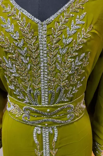 Lime green - takchita gold and silver stone work kaftan