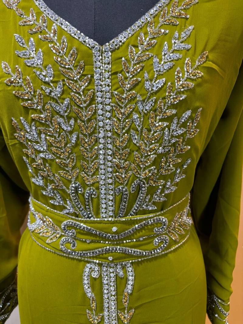 Lime green - takchita gold and silver stone work kaftan
