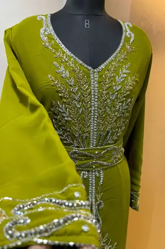 Lime green - takchita gold and silver stone work kaftan
