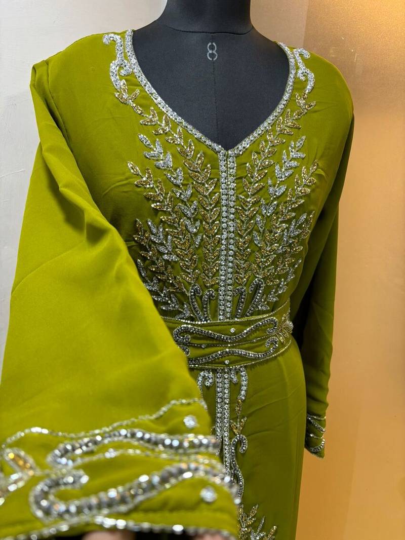 Lime green - takchita gold and silver stone work kaftan