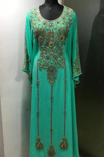 Sea green arabic fancy sleeves kaftan with heavy beading work