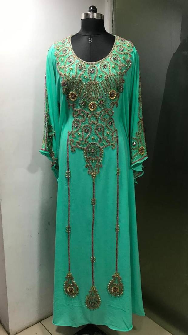Sea green arabic fancy sleeves kaftan with heavy beading work
