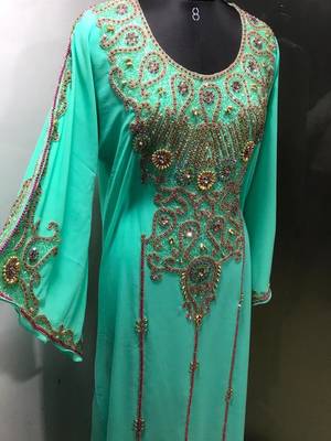 Sea green arabic fancy sleeves kaftan with heavy beading work 3