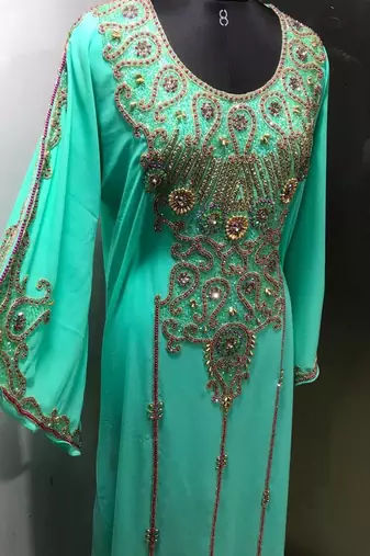 Sea green arabic fancy sleeves kaftan with heavy beading work