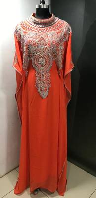 Orange heavy silver stone work arabic farasha kaftan 1