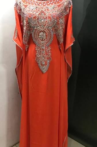Orange heavy silver stone work arabic farasha kaftan