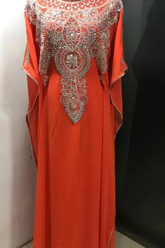 Orange heavy silver stone work arabic farasha kaftan