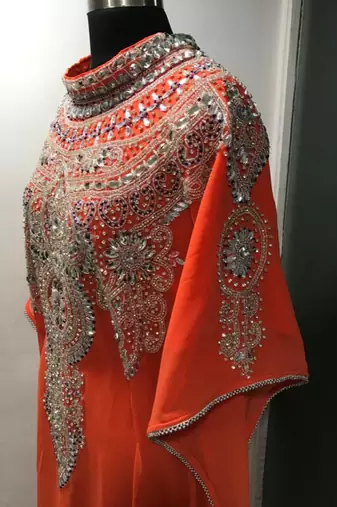 Orange heavy silver stone work arabic farasha kaftan