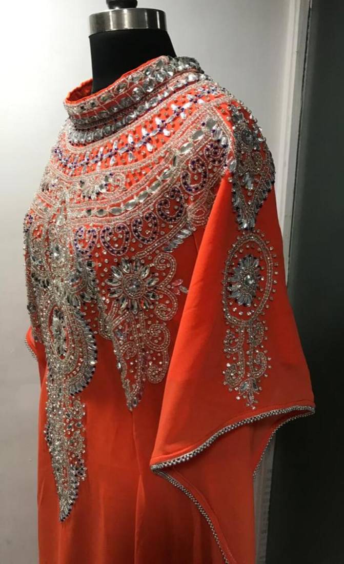 Orange heavy silver stone work arabic farasha kaftan