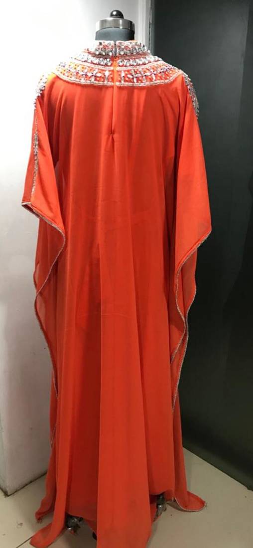 Orange heavy silver stone work arabic farasha kaftan