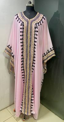 Baby pink arabic gold and white embroidery work jalabiya kaftan 1