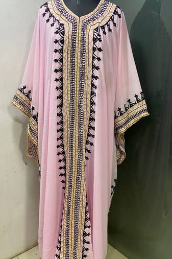 Baby pink arabic gold and white embroidery work jalabiya kaftan