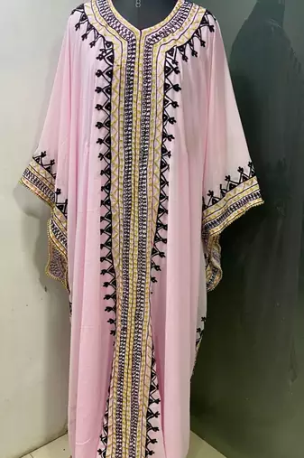Baby pink arabic gold and white embroidery work jalabiya kaftan