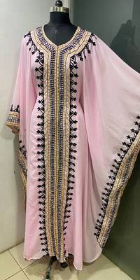 Baby pink arabic gold and white embroidery work jalabiya kaftan 2