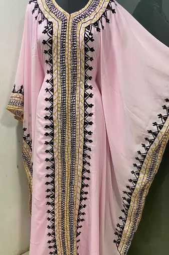Baby pink arabic gold and white embroidery work jalabiya kaftan