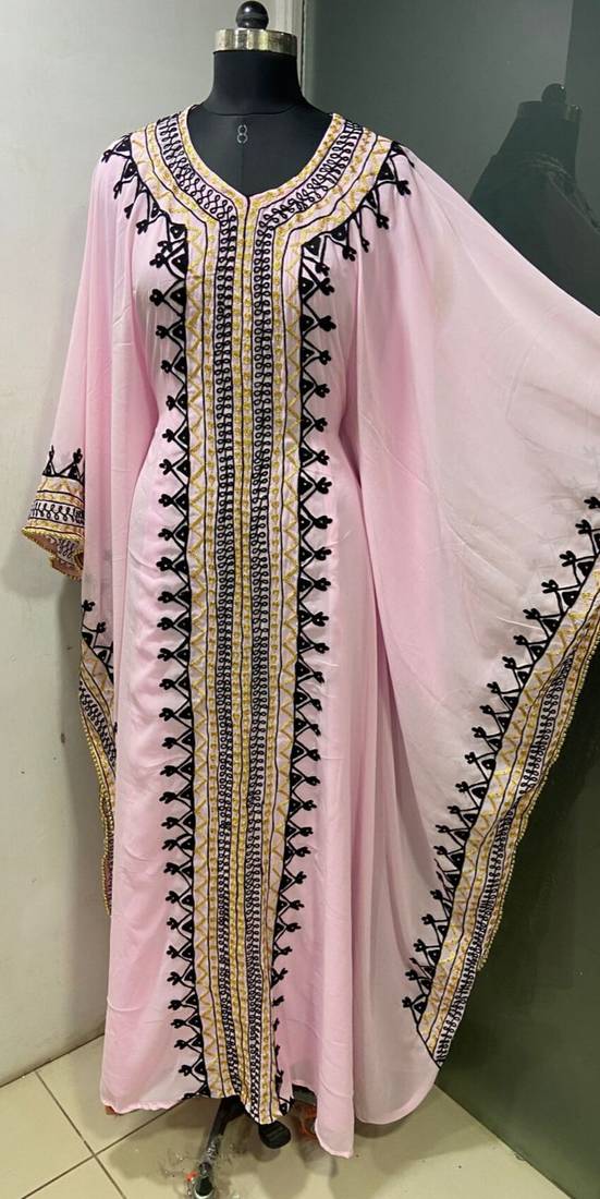 Baby pink arabic gold and white embroidery work jalabiya kaftan