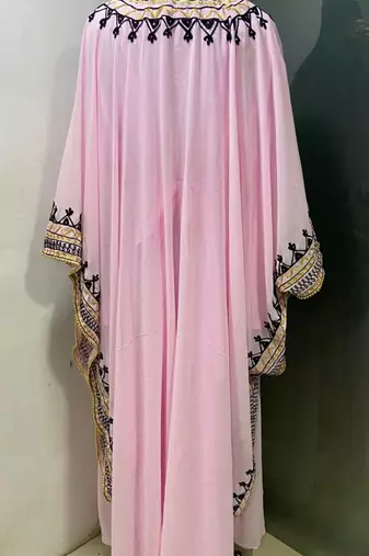 Baby pink arabic gold and white embroidery work jalabiya kaftan