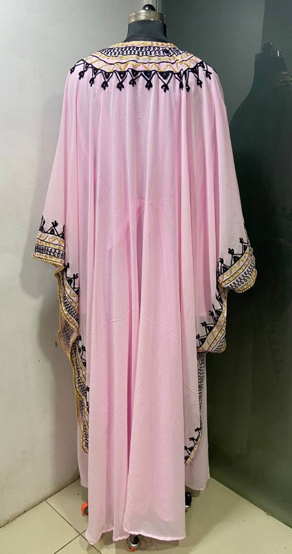 Baby pink arabic gold and white embroidery work jalabiya kaftan