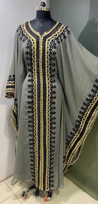 Grey arabic gold and white embroidery work jalabiya kaftan 1