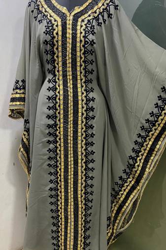 Grey arabic gold and white embroidery work jalabiya kaftan